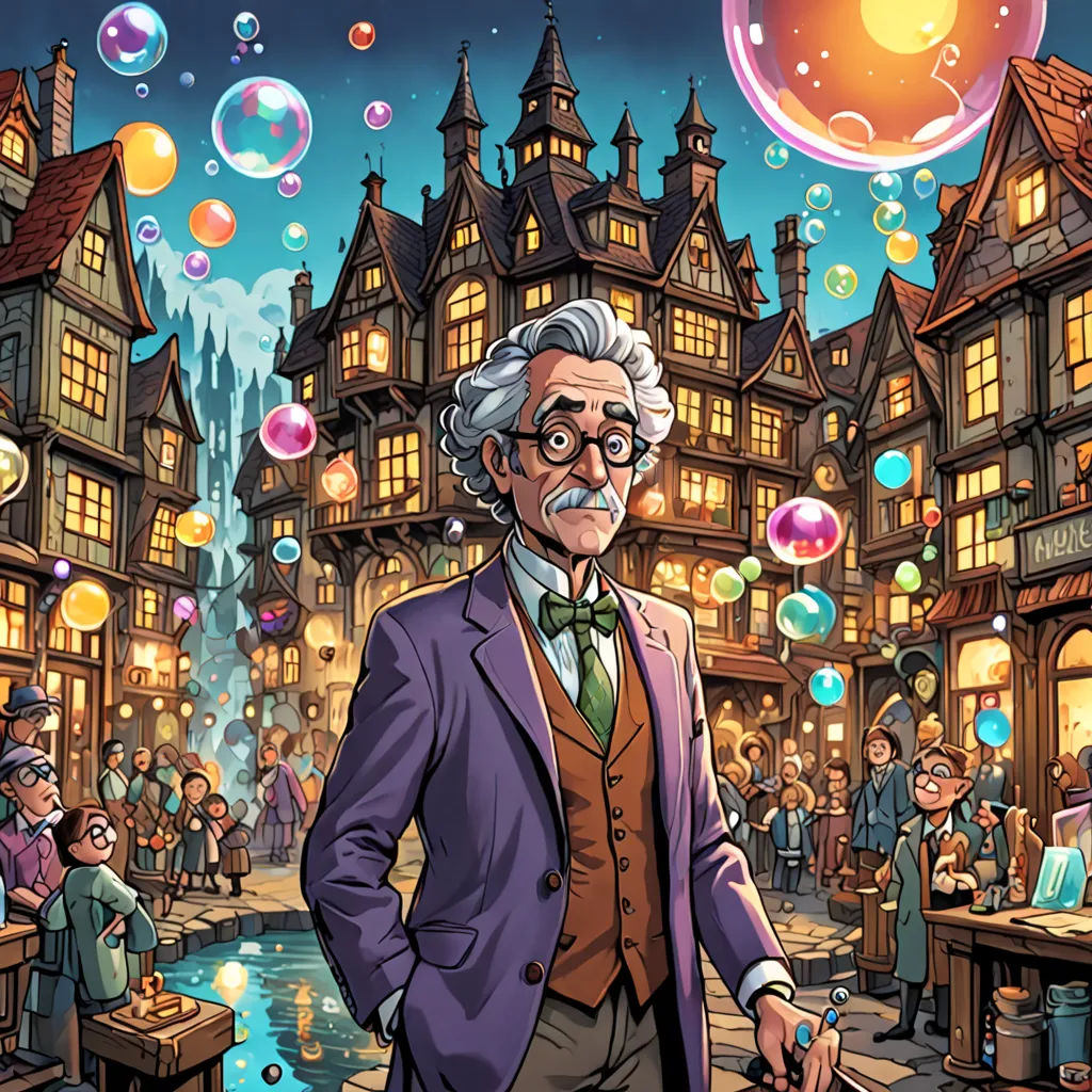 a man in a suit and tie standing in front of a city with bubbles floating in the air and people standing around, fantasy art, a comic book panel, Dan Mumford, yukito kishiro