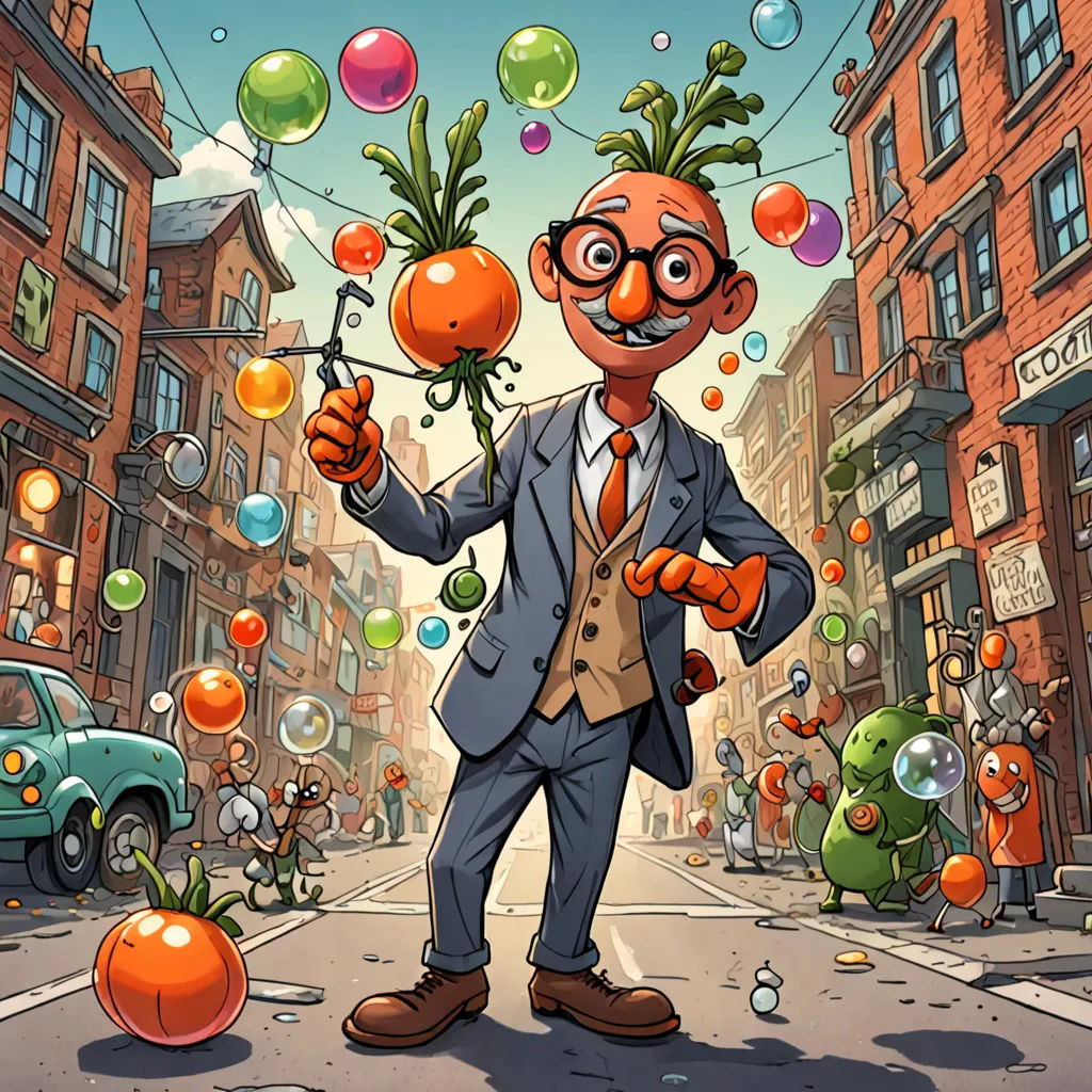 a cartoon of a man holding a bunch of tomatoes in the middle of a street with balloons floating around, context art, a character portrait, Chris LaBrooy, game art