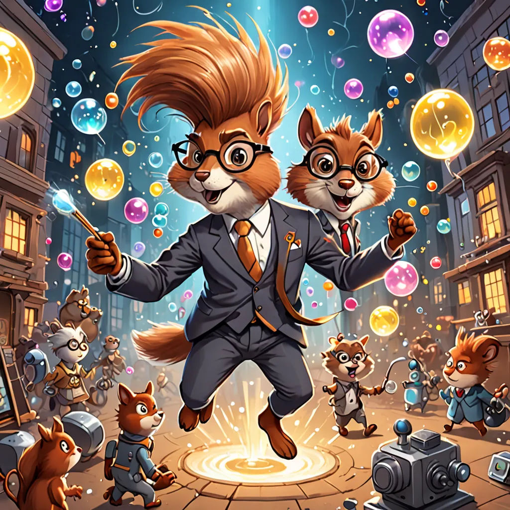 a cartoon of a man in a suit and some animals in a city street with bubbles and bubbles around him, furry art, a storybook illustration, Chris LaBrooy, official art
