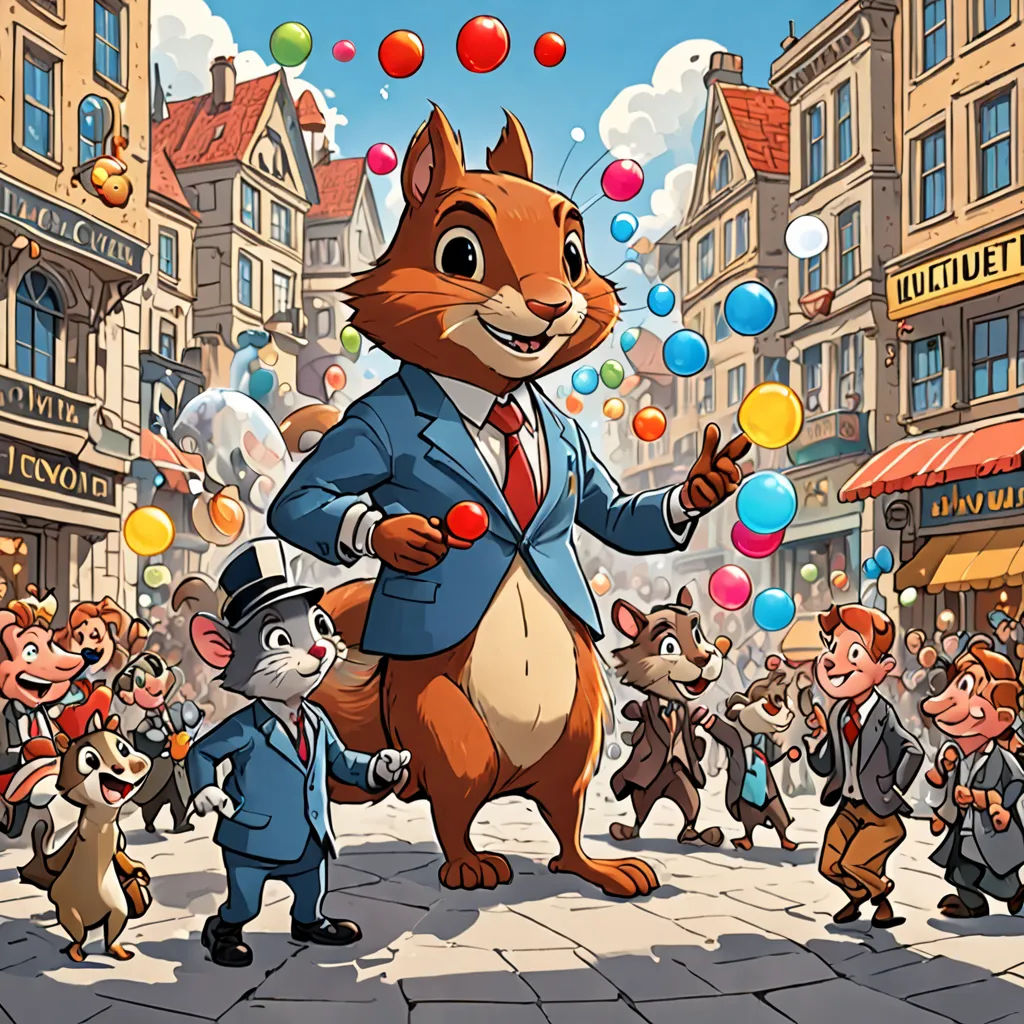 a cartoon of a squirrel and a mouse in a street with people in the background and balloons in the air, furry art, a storybook illustration, Chris LaBrooy, official art