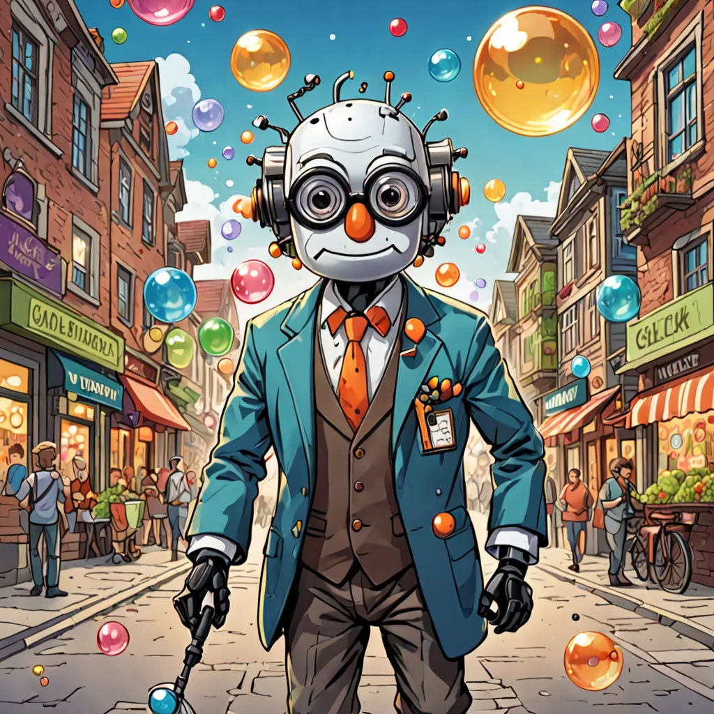 a man in a suit and headphones standing on a street with bubbles floating around him and a robot in the middle of the street, altermodern, a character portrait, Altichiero, comic cover art