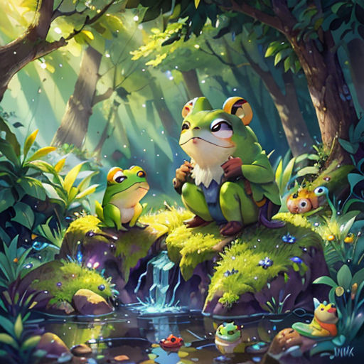a painting of a frog and a frogling sitting on a rock in a forest with a waterfall and a frogling