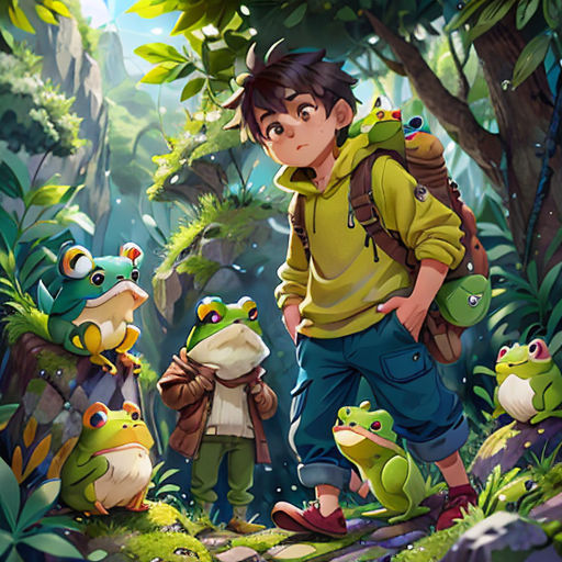 a boy with a backpack standing in front of frogs in a forest with trees and bushes behind him, with a frog on his back