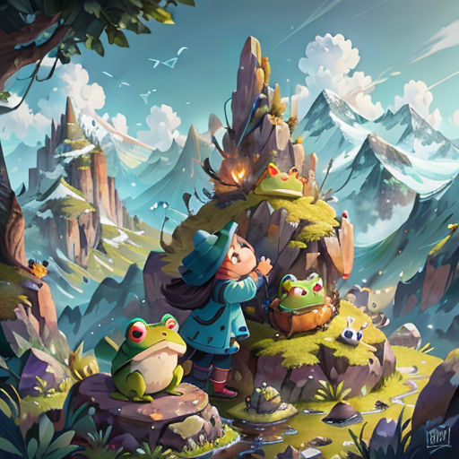 a cartoon character is standing on a hill with frogs and a frog in front of him, with a mountain in the background