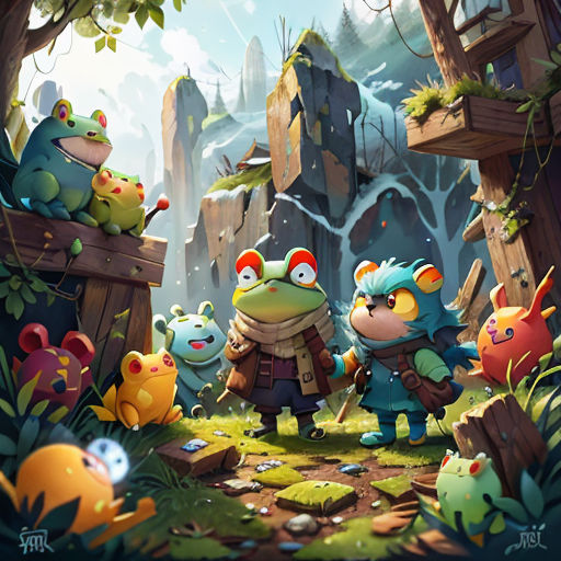 a group of cartoon characters standing in a forest with a frog and other animals in the background, with a mountain in the background