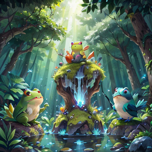 a painting of frogs in a forest with a waterfall and waterfall in the middle of the forest, with a waterfall in the middle of the forest