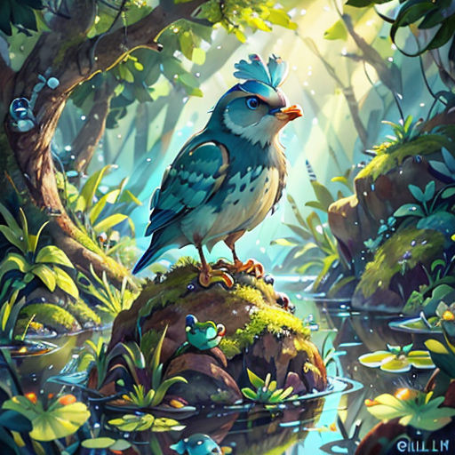 a bird sitting on top of a rock in a forest filled with plants and water droplets, with a frog sitting on top of it