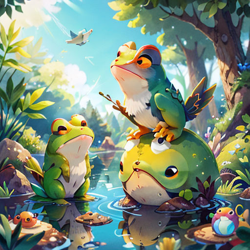 a painting of two frogs sitting on top of each other in a pond of water with a bird flying above