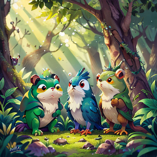 three owls sitting in the middle of a forest with trees and rocks on the ground, with a sun shining through the trees