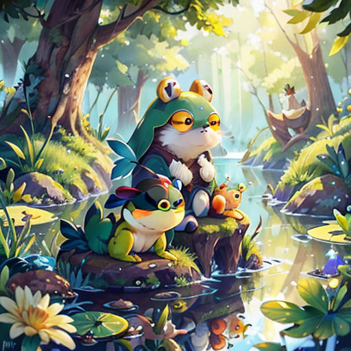 a painting of a frog and her babies in a pond of water surrounded by flowers and trees with a forest background