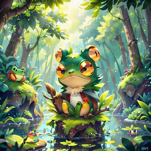 a frog sitting on top of a moss covered forest next to a pond of water and plants with a frog on top of it