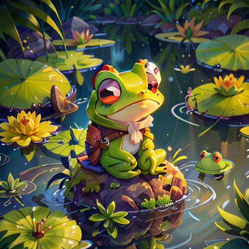 a frog sitting on top of a rock in a pond of water lilies and lily pads with a frog
