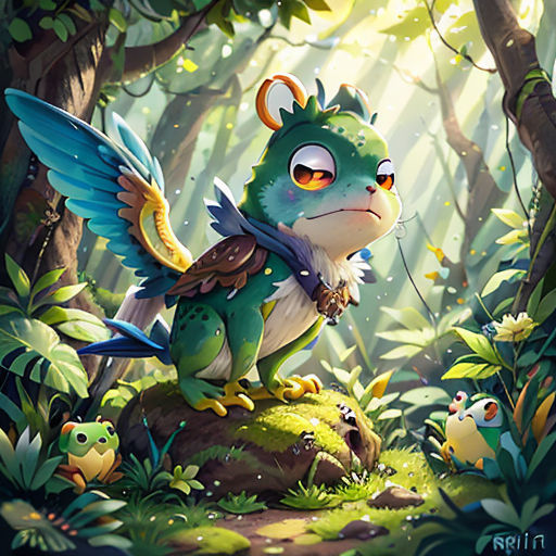 a cartoon character is standing on a rock in the woods with a dragon on it's back and a frog on its back