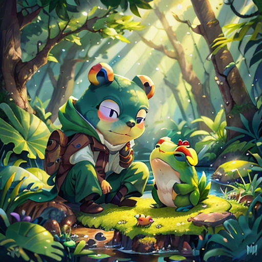 a cartoon character sitting on a frog in the forest with a frog nearby, and a frog looking at him