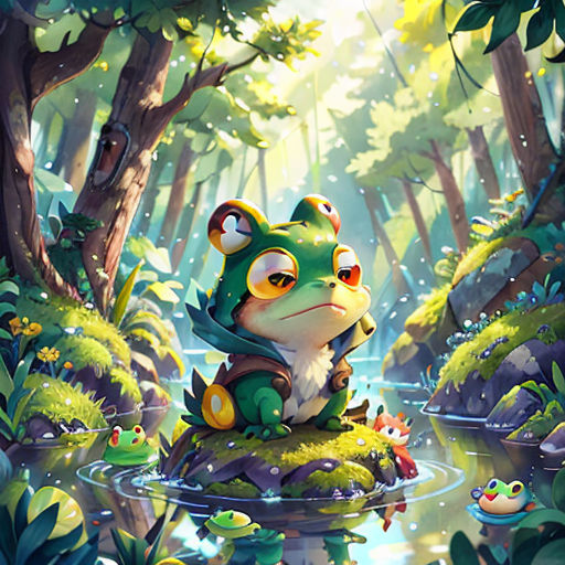 a frog sitting on top of a small island in a forest with a frog on it's back