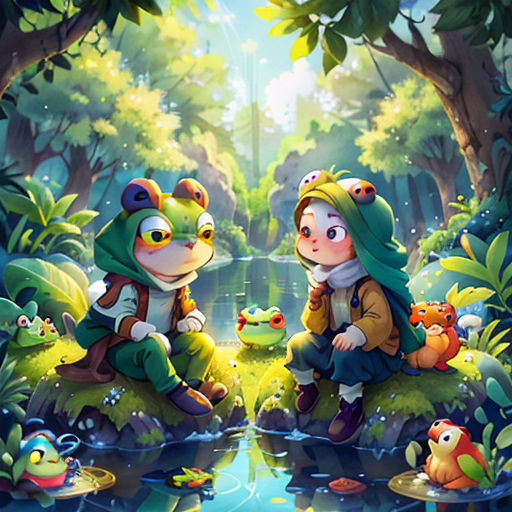 a couple of kids sitting on top of a forest next to a pond of water and frogs in the woods