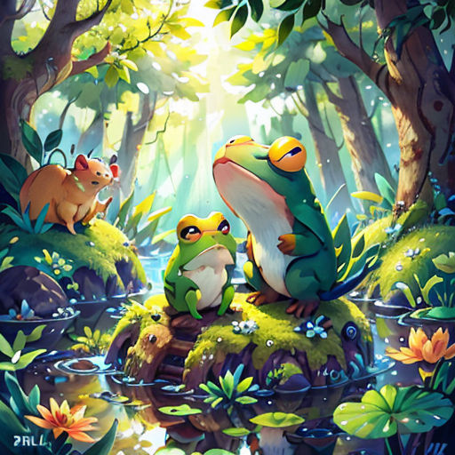 a frog and two other animals sitting on a rock in a forest with flowers and trees around it, with the sun shining through the trees