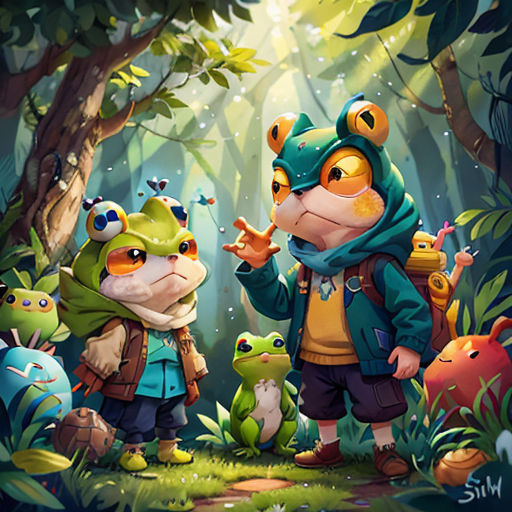 a group of cartoon characters standing in a forest with a frog on the ground and a frog on the ground
