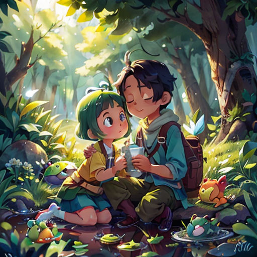a couple of people sitting on top of a forest next to each other on a field of grass and trees