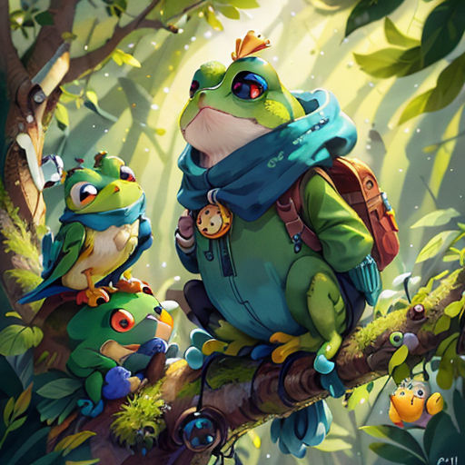 a frog and a frogling sitting on a tree branch in the forest with a backpack on their back