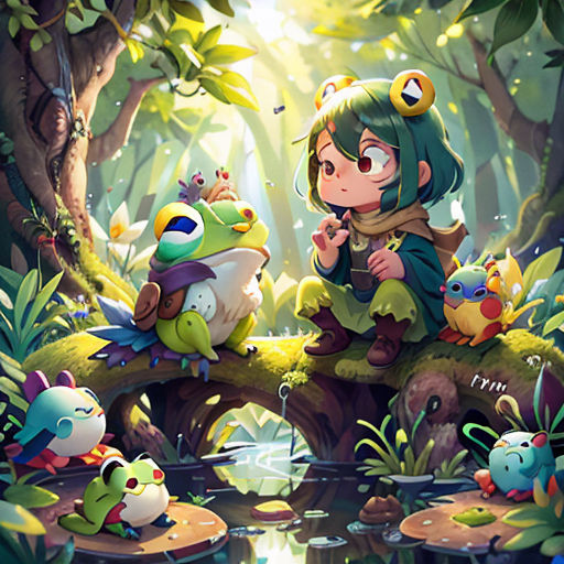 a cartoon of a girl sitting on a tree branch in the forest with other animals around her and a frog on the ground