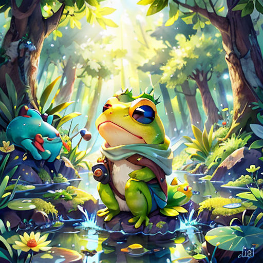 a frog sitting on a rock in a forest with a pond of water and a frog with a scarf around its neck