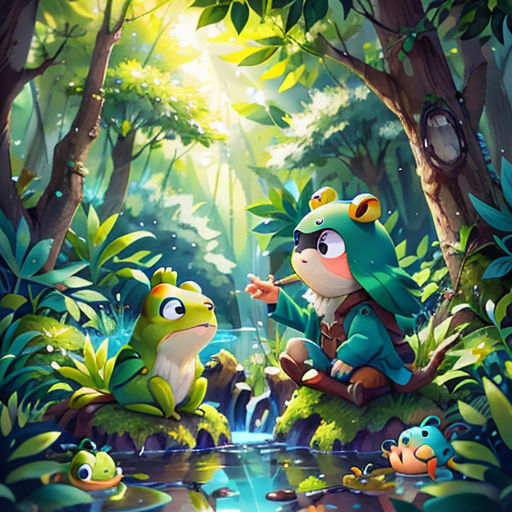 a frog and a frog in a forest with a pond of water and trees, and a frog with a hat on
