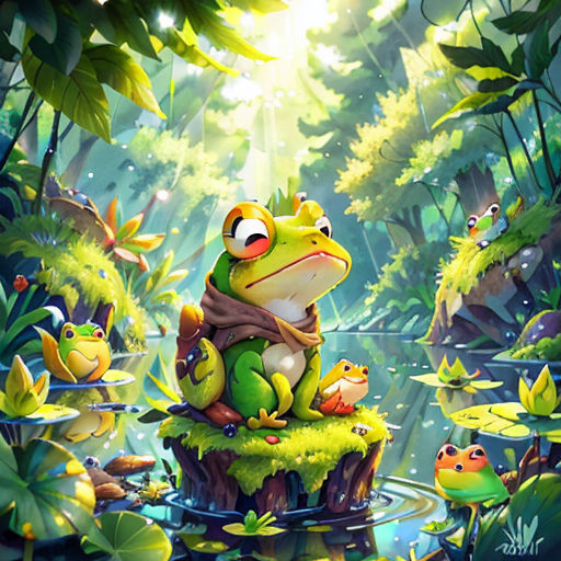 a frog and her babies are sitting on a stump in the water surrounded by lily pads and leaves, with the sun shining through the leaves