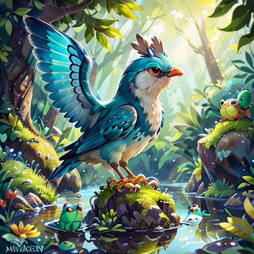 a bird with a crown on its head standing on a rock in a forest with frogs and a pond