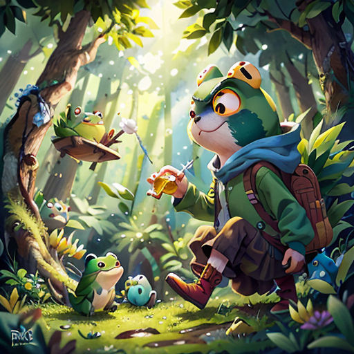 a painting of a frog and frogling in the woods with a frog holding a glass of beer and another frog