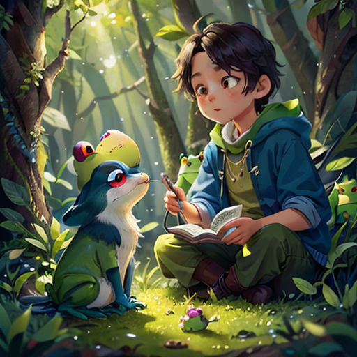 a boy sitting in the woods with a frog and a book in his hand and a frog looking at him
