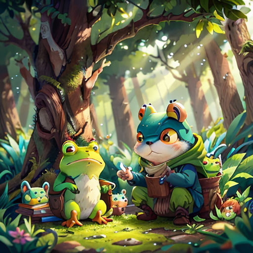 a cartoon of a frog and a frog sitting in the woods together, with a forest background and a forest scene in the background
