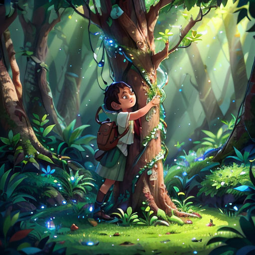 a girl in a forest with a backpack on her back and a tree with lights on it, and a light up string hanging from the tree