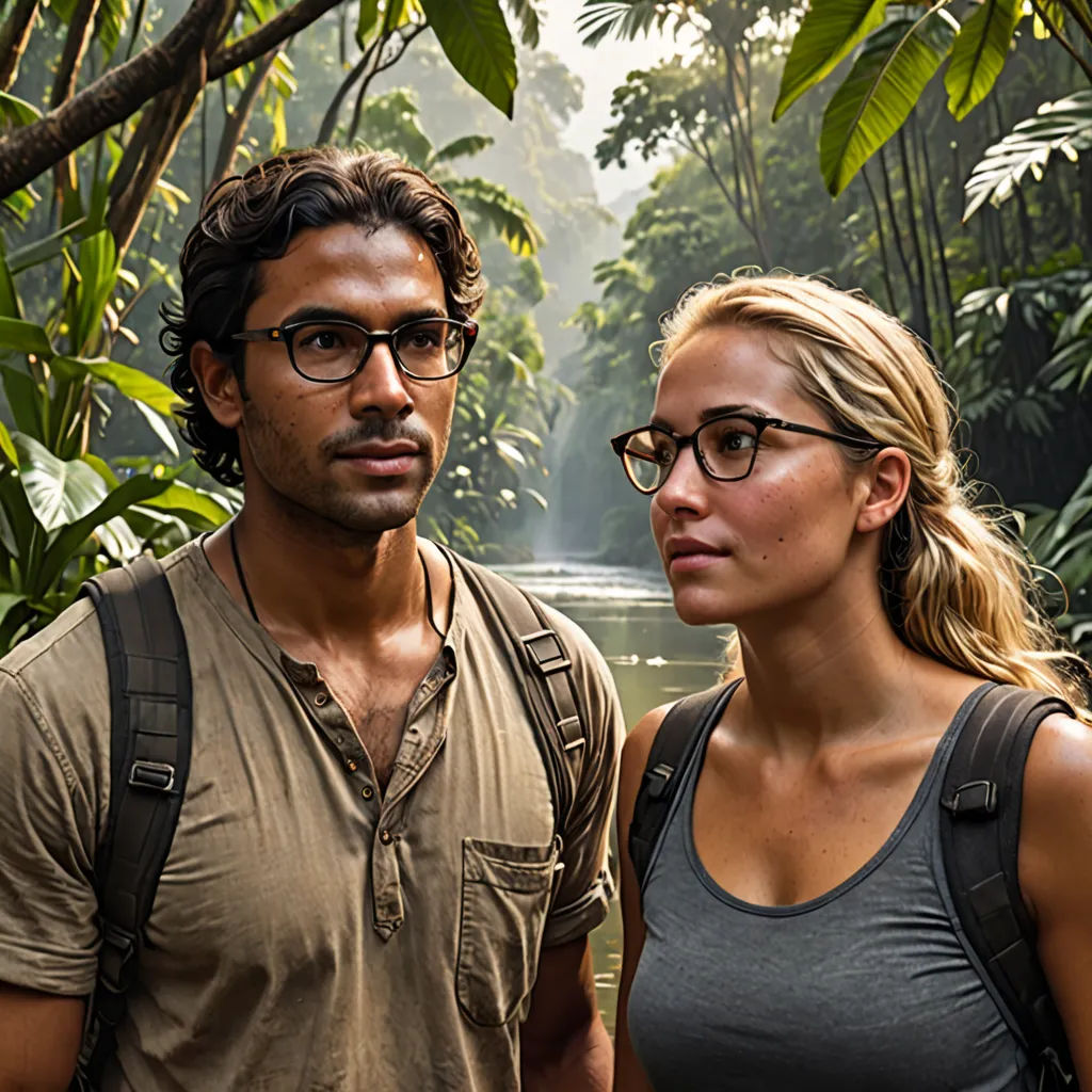 a man and a woman standing in front of a waterfall in the jungle with trees and plants behind them, samikshavad, a character portrait, Ella Guru, promotional image