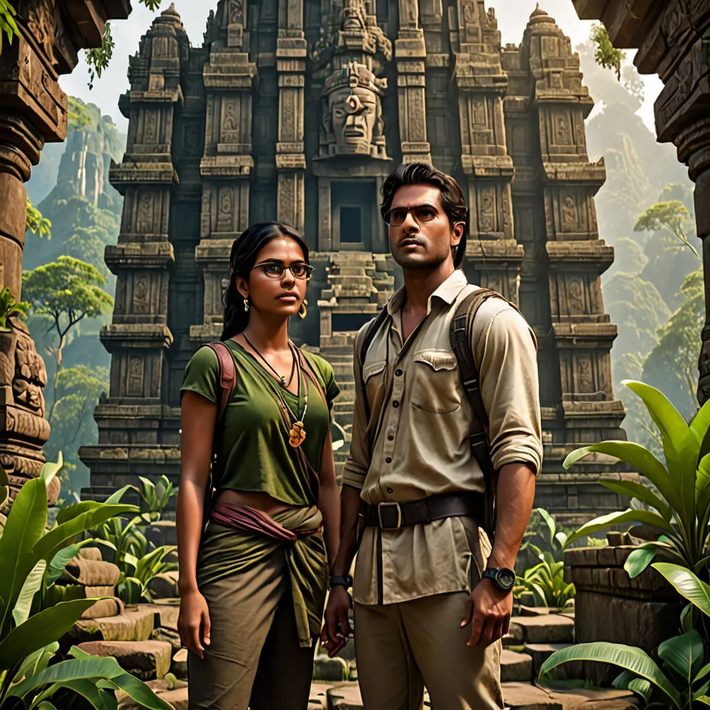 a man and a woman standing in front of a building with a giant clock tower in the background and jungle, samikshavad, a detailed matte painting, Chris LaBrooy, promotional image