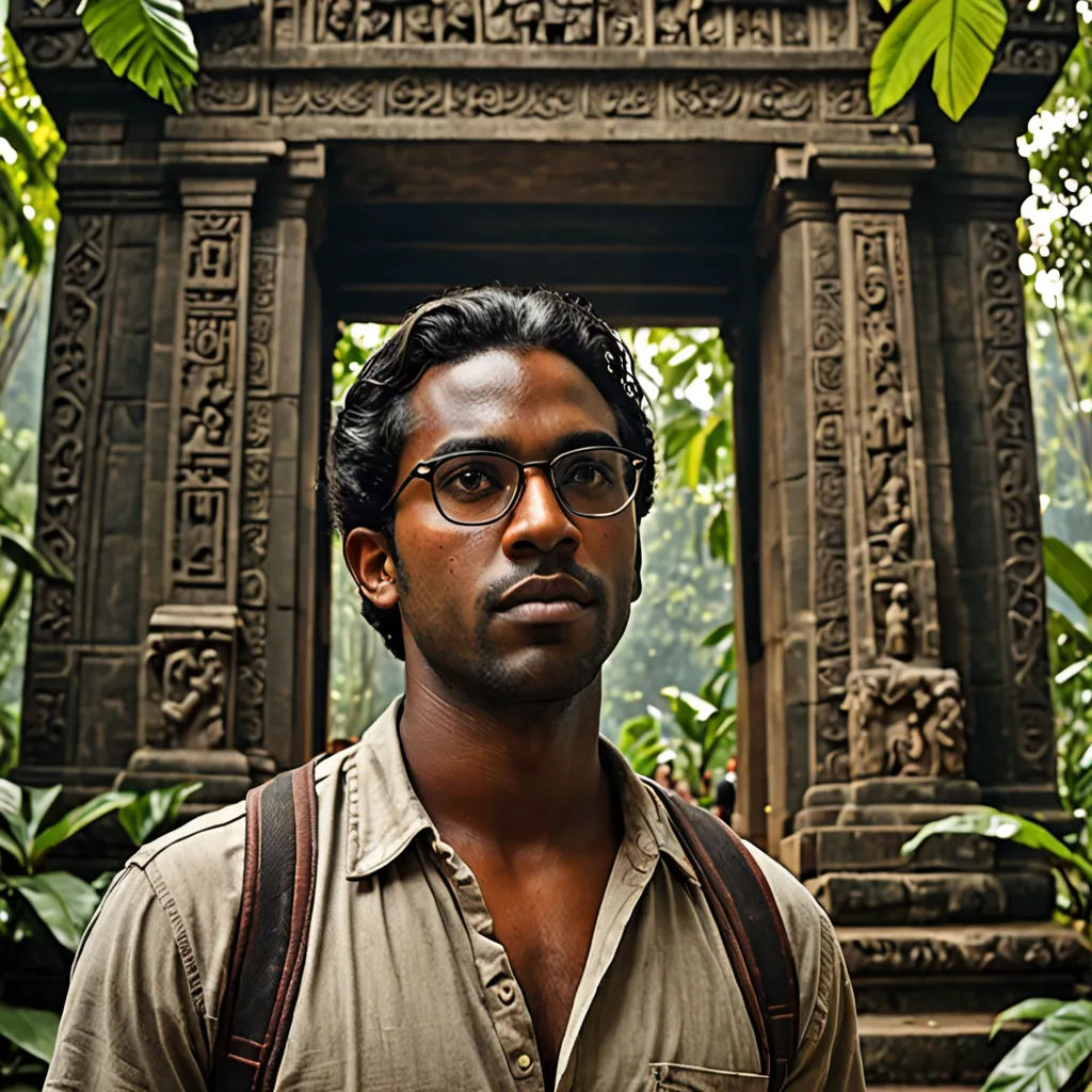 a man with glasses standing in front of a stone structure in the jungle with trees and plants around him, samikshavad, a character portrait, Anthony Devas, jayison devadas
