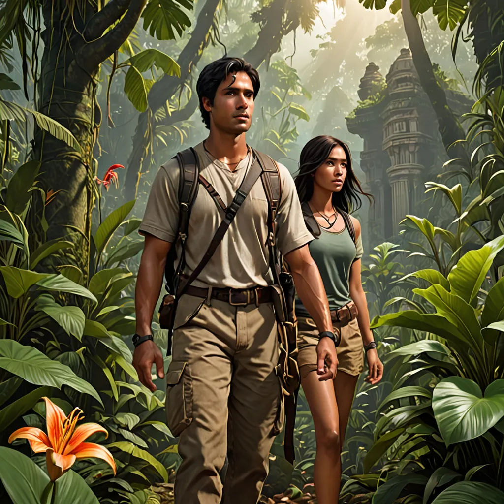 a man and a woman walking through a jungle with a bird in hand and a bird in the air, neo-primitivism, a detailed matte painting, Drew Struzan, promotional image