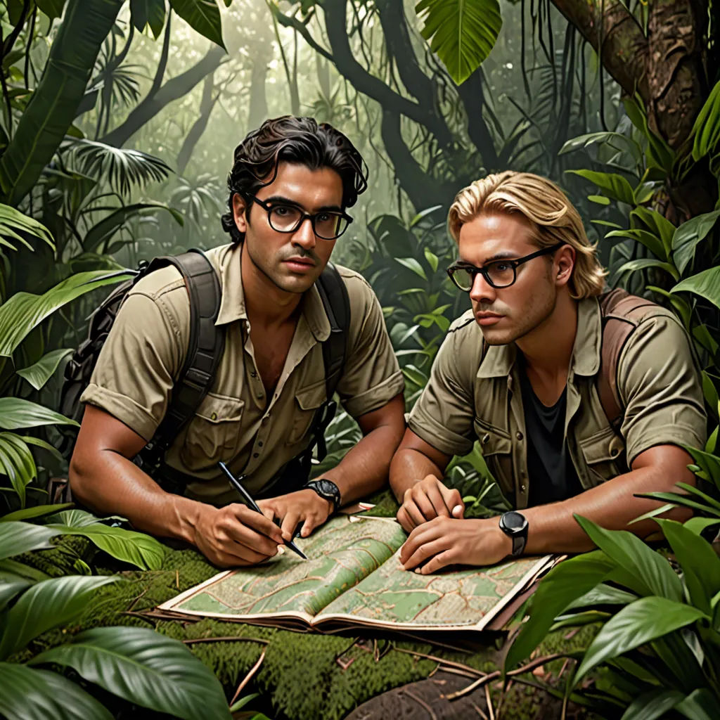 two men sitting in the jungle writing on a book with a pencil and a camera in front of them, sumatraism, a stock photo, Daryush Shokof, promotional image