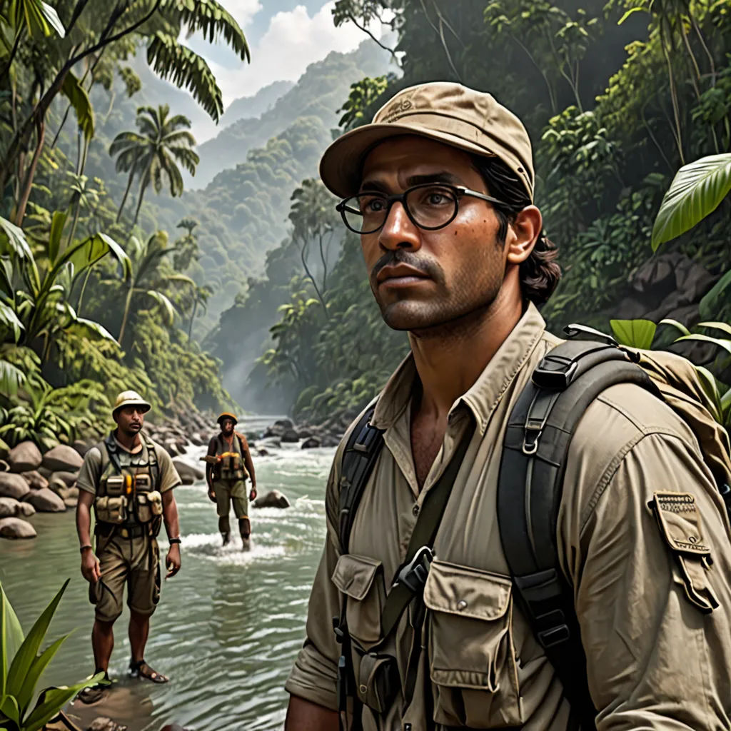 a man in a hat and glasses standing in a river with a group of people in the background and a jungle, sumatraism, a character portrait, Abidin Dino, promotional image