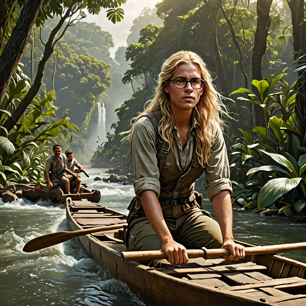 a woman in a canoe with two men in the background in a river with trees and bushes, and a waterfall, hudson river school, a detailed matte painting, Erlund Hudson, promotional image