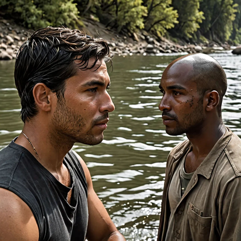 two men standing next to each other near a river with trees in the background and a hill in the background, magical realism, a poster, Derold Page, promotional image