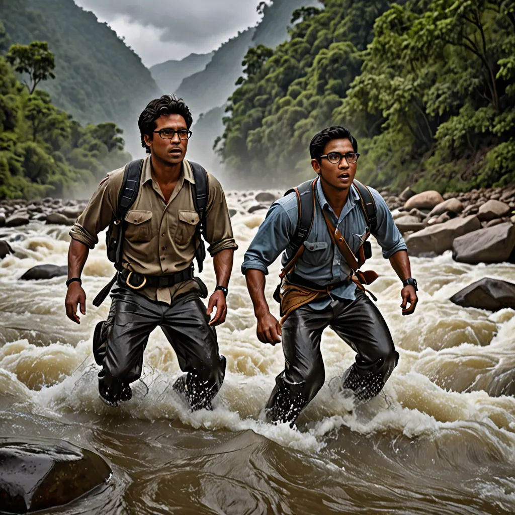 two men in waders are crossing a river in the mountains and trees in the background, while another man is standing in the water, sumatraism, a poster, Abidin Dino, promotional image