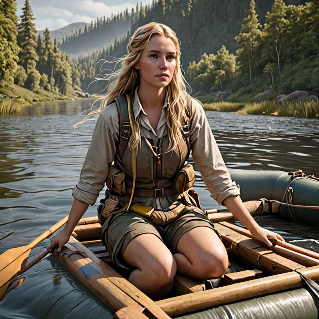 a woman in a brown shirt and shorts sitting on a boat in a lake with a forest in the background, photorealism, a photorealistic painting, Eva Frankfurther, promotional image