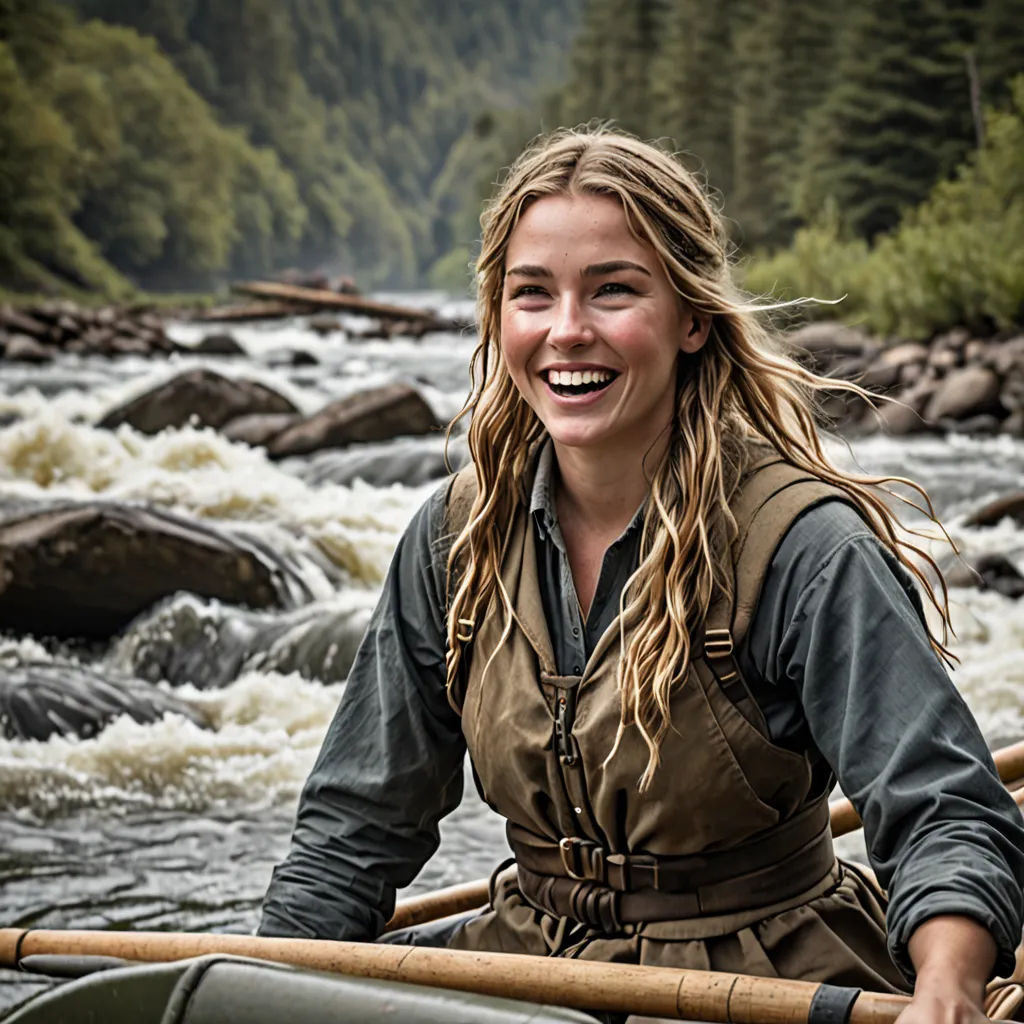 a woman in a brown vest is in a boat on a river with rapids and trees in the background, naturalism, a character portrait, Christabel Dennison, promotional image
