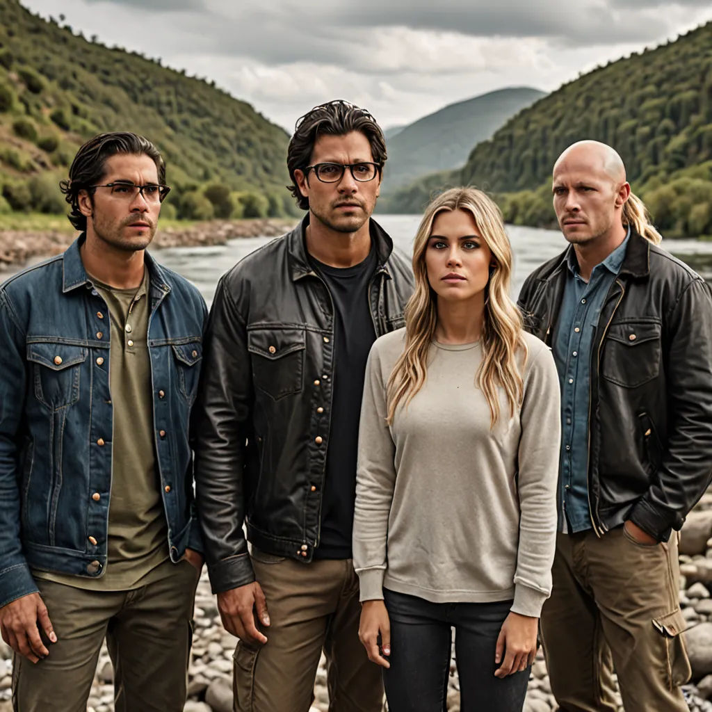 a group of people standing next to each other near a river and mountains in the background with a cloudy sky, german romanticism, a poster, Christian Hilfgott Brand, promotional image