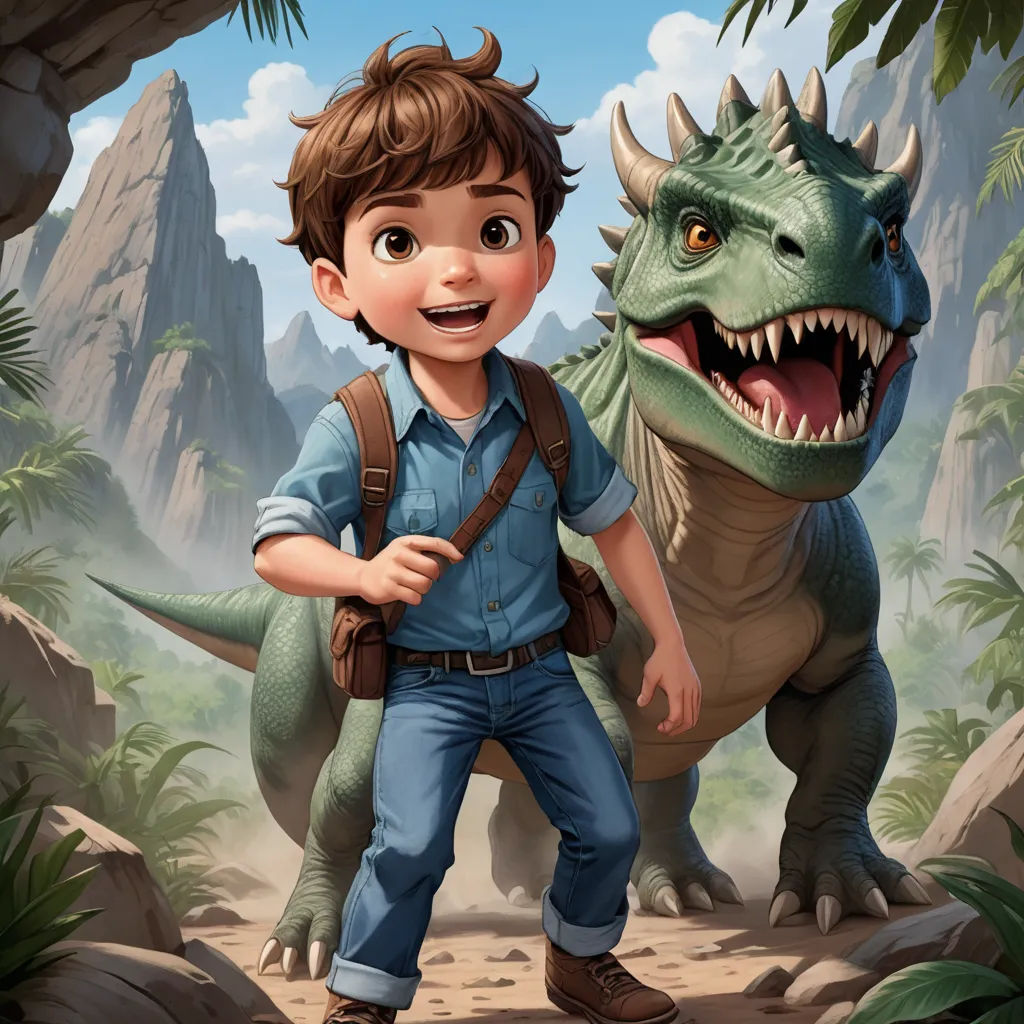 a boy and a dinosaur in a jungle scene with a mountain background and a sky background with clouds and a blue sky, sots art, a storybook illustration, Adam Rex, rossdraws global illumination