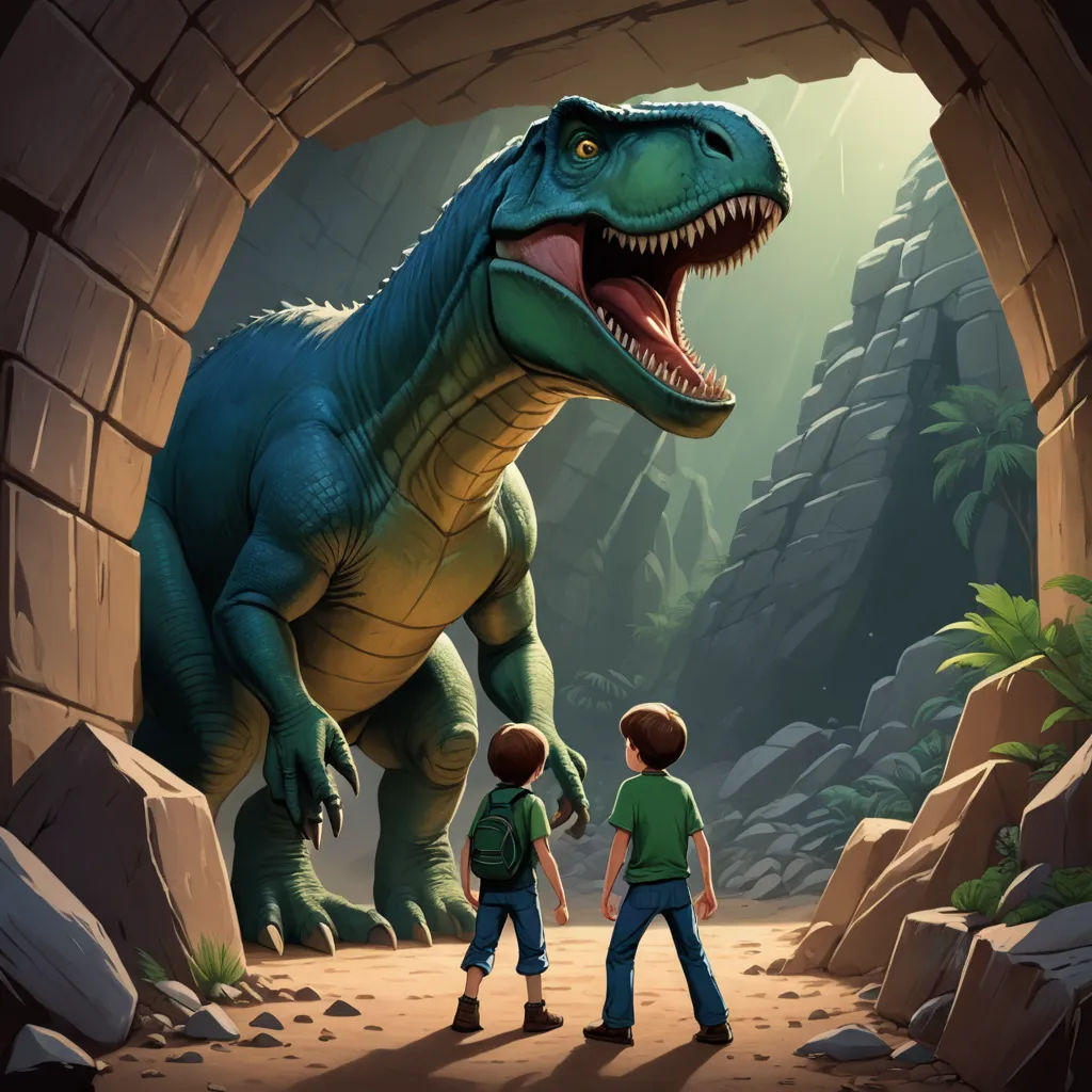 a boy and a boy are standing in front of a dinosaur in a cave with a large dinosaur in the background, fantasy art, a storybook illustration, Adam Rex, rossdraws global illumination