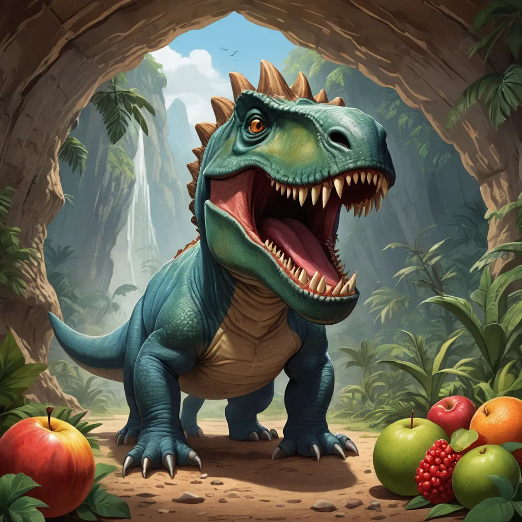 a dinosaur with its mouth open in a cave with fruit and trees around it, with a cave entrance in the background, altermodern, concept art, Adam Rex, magic the gathering artwork