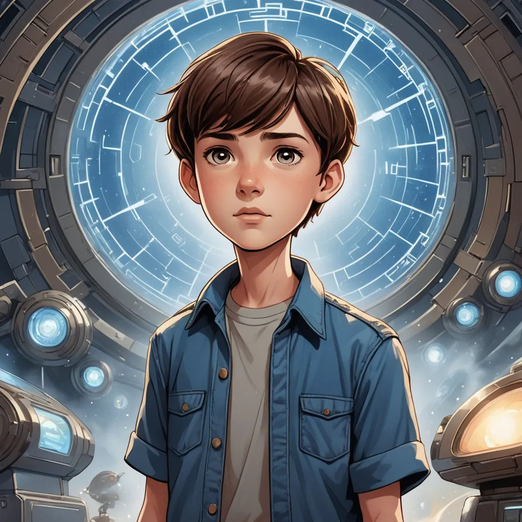 a boy standing in front of a blue circle with lights on it and a clock in the background with a man in the middle, space art, poster art, Aaron Jasinski, rossdraws global illumination