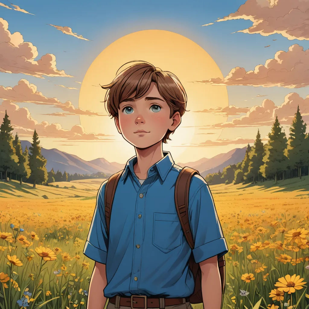 a boy standing in a field with a backpack on his shoulder and a sun in the background with clouds, sots art, a character portrait, Aaron Jasinski, rossdraws global illumination